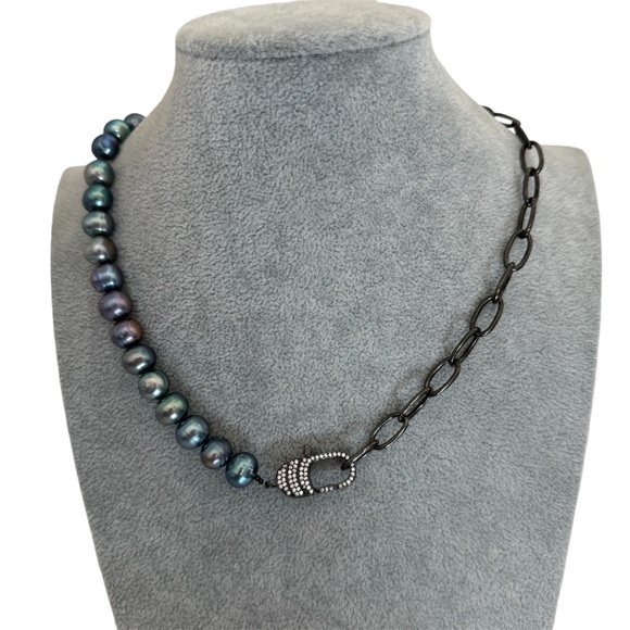 Artisan Jewelry - Artisan Black Sterling Silver Gray Pearl Metal Chain Diamond Necklace NEW